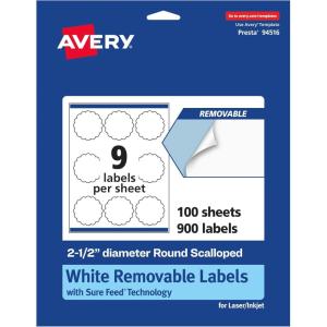 imageAvery Matte White Removable Round Scalloped Labels Sure Feed Technology PrinttoTheEdge 25quot Diameter 135 Removable Labels LaserInkjet Printable900 labels