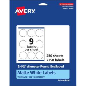 imageAvery Matte White Round Scalloped Labels Sure Feed Technology 25quot Diameter 225 Matte White Printable Labels2 250 Labels