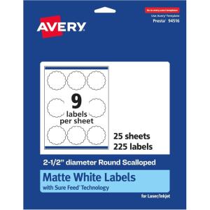 imageAvery Matte White Round Scalloped Labels Sure Feed Technology 25quot Diameter 225 Matte White Printable Labels225 Labels