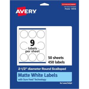 imageAvery Matte White Round Scalloped Labels Sure Feed Technology 25quot Diameter 225 Matte White Printable Labels450 Labels