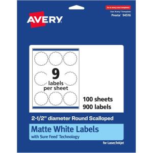 imageAvery Matte White Round Scalloped Labels Sure Feed Technology 25quot Diameter 225 Matte White Printable Labels900 Labels