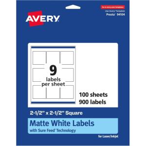 imageAvery Matte White Square Labels Sure Feed Technology 25quot x 25quot 225 Matte White Printable Labels900 Labels
