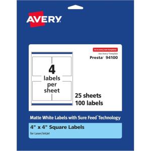 imageAvery Matte White Square Labels Sure Feed Technology 4quot x 4quot 100 Matte White Printable Labels100 Labels