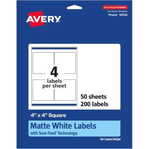 imageAvery Matte White Square Labels Sure Feed Technology 4quot x 4quot 100 Matte White Printable Labels200 Labels