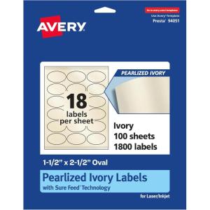 imageAvery Pearlized Ivory Oval Labels Sure Feed Technology 15quot x 25quot 180 Pearlized Ivory Labels LaserInkjet Printable1 800 labels