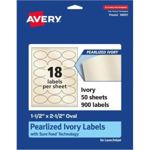 imageAvery Pearlized Ivory Oval Labels Sure Feed Technology 15quot x 25quot 180 Pearlized Ivory Labels LaserInkjet Printable900 labels