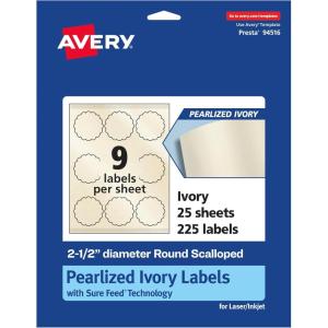 imageAvery Pearlized Ivory Round Scalloped Labels Sure Feed Technology PrinttoTheEdge 25quot Diameter 225 Pearlized Ivory Labels LaserInkjet Printable225 labels