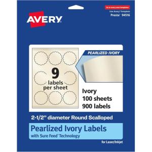 imageAvery Pearlized Ivory Round Scalloped Labels Sure Feed Technology PrinttoTheEdge 25quot Diameter 225 Pearlized Ivory Labels LaserInkjet Printable900 labels