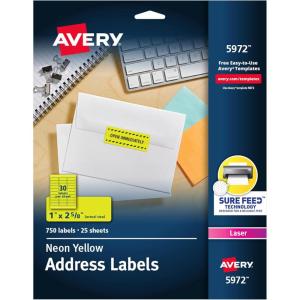 imageAvery Printable Address Labels with Sure Feed 1quot x 258quot Assorted Neon Magenta Green and Yellow 450 Blank Mailing Labels for Laser and Inkjet Printers 5979Neon Yellow