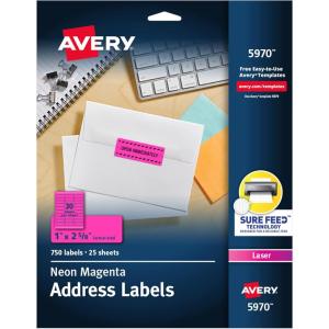 imageAvery Printable Address Labels with Sure Feed 1quot x 258quot Assorted Neon Magenta Green and Yellow 450 Blank Mailing Labels for Laser and Inkjet Printers 5979Neon Magenta