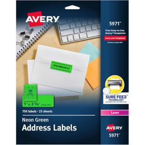imageAvery Printable Address Labels with Sure Feed 1quot x 258quot Assorted Neon Magenta Green and Yellow 450 Blank Mailing Labels for Laser and Inkjet Printers 5979Neon Green