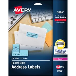 imageAvery Printable Address Labels with Sure Feed 1quot x 258quot Assorted Neon Magenta Green and Yellow 450 Blank Mailing Labels for Laser and Inkjet Printers 5979Pastel Blue