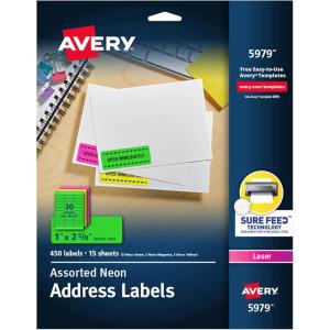 imageAvery Printable Address Labels with Sure Feed 1quot x 258quot Assorted Neon Magenta Green and Yellow 450 Blank Mailing Labels for Laser and Inkjet Printers 5979Assorted