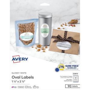 imageAvery Printable Blank Oval Labels 15quot x 25quot Glossy White 90 Customizable Labels 22814Glossy White