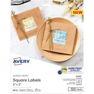 imageAvery Printable Blank Square Labels 2quot x 2quot Glossy White 120 Customizable Labels 22565Glossy White