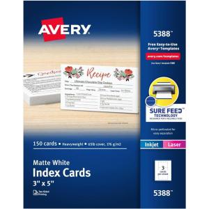imageAvery Printable Index Cards with Sure Feed Technology 3quot x 5quot White 150 Blank Index Cards for Laser or Inkjet Printers 053883 x 5 Inches Pack of 5