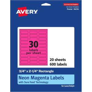 imageAvery Printable Rectangle Labels Sure Feed Technology 34quot x 214quot Neon Magenta Labels PrinttoTheEdge LaserInkjet Printable 1200 Total Great for Mailing600 labels