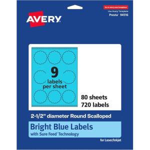 imageAvery Printable Round Scalloped Labels Sure Feed Technology 212quot Diameter Bright Blue Labels PrinttoTheEdge LaserInkjet Printable 90 Total Great for Mailing Seals and Candles720 labels