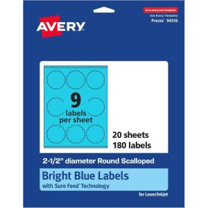 imageAvery Printable Round Scalloped Labels Sure Feed Technology 212quot Diameter Bright Blue Labels PrinttoTheEdge LaserInkjet Printable 90 Total Great for Mailing Seals and Candles180 labels