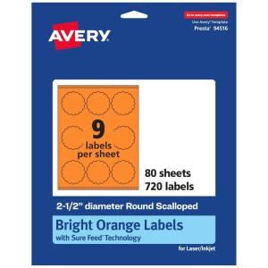 imageAvery Printable Round Scalloped Labels Sure Feed Technology 212quot Diameter Bright Orange Labels PrinttoTheEdge LaserInkjet Printable 90 Total Great for Mailing Seals and Candles720 labels