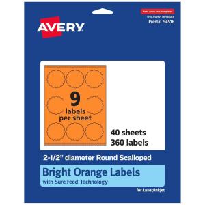 imageAvery Printable Round Scalloped Labels Sure Feed Technology 212quot Diameter Bright Orange Labels PrinttoTheEdge LaserInkjet Printable 90 Total Great for Mailing Seals and Candles360 labels