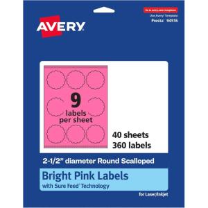 imageAvery Printable Round Scalloped Labels Sure Feed Technology 212quot Diameter Bright Pink Labels PrinttoTheEdge LaserInkjet Printable 90 Total Great for Mailing Seals and Candles360 labels