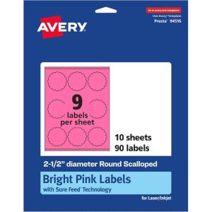imageAvery Printable Round Scalloped Labels Sure Feed Technology 212quot Diameter Bright Pink Labels PrinttoTheEdge LaserInkjet Printable 90 Total Great for Mailing Seals and Candles90 labels