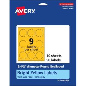 imageAvery Printable Round Scalloped Labels Sure Feed Technology 212quot Diameter Bright Yellow Labels PrinttoTheEdge LaserInkjet Printable 90 Total Great for Mailing Seals and Candles90 labels