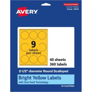 imageAvery Printable Round Scalloped Labels Sure Feed Technology 212quot Diameter Bright Yellow Labels PrinttoTheEdge LaserInkjet Printable 90 Total Great for Mailing Seals and Candles360 labels