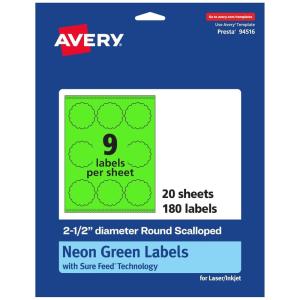 imageAvery Printable Round Scalloped Labels Sure Feed Technology 212quot Diameter Neon Green Labels PrinttoTheEdge LaserInkjet Printable 90 Total Great for Mailing Seals and Candles180 labels