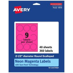 imageAvery Printable Round Scalloped Labels Sure Feed Technology 212quot Diameter Neon Magenta Labels PrinttoTheEdge LaserInkjet Printable 180 Total Great for Mailing Seals and Candles360 labels