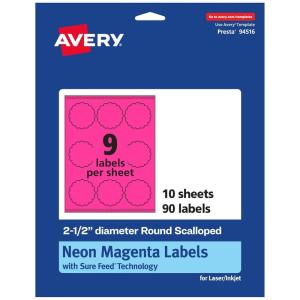 imageAvery Printable Round Scalloped Labels Sure Feed Technology 212quot Diameter Neon Magenta Labels PrinttoTheEdge LaserInkjet Printable 180 Total Great for Mailing Seals and Candles90 labels
