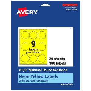 imageAvery Printable Round Scalloped Labels Sure Feed Technology 212quot Diameter Neon Yellow Labels PrinttoTheEdge LaserInkjet Printable 90 Total Great for Mailing Seals and Candles180 labels