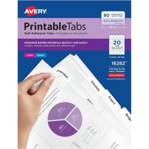 imageAvery Printable SelfAdhesive Plastic Tabs 134quot Repositionable Adhesive White Pack of 80 16282