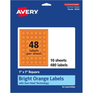 imageAvery Printable Square Labels Sure Feed Technology 1quot x 1quot Bright Orange Labels PrinttoTheEdge LaserInkjet Printable 3840 Total Great for Soaps and QR Codes480 labels