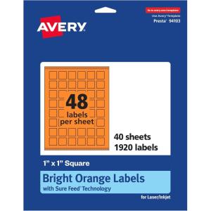 imageAvery Printable Square Labels Sure Feed Technology 1quot x 1quot Bright Orange Labels PrinttoTheEdge LaserInkjet Printable 3840 Total Great for Soaps and QR Codes1 920 labels