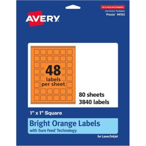 imageAvery Printable Square Labels Sure Feed Technology 1quot x 1quot Bright Orange Labels PrinttoTheEdge LaserInkjet Printable 3840 Total Great for Soaps and QR Codes3 840 labels