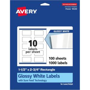 imageAvery Rectangle Labels Sure Feed Technology 15quot x 275quot 100 Glossy White Labels 364561 000 labels