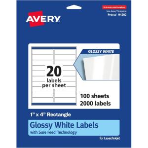 imageAvery Rectangle Labels Sure Feed Technology 1quot x 4quot 200 Glossy White Labels 364512 000 labels