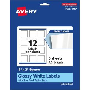 imageAvery Square Labels Sure Feed Technology 2quot x 2quot 120 Glossy White Labels 3647660 labels