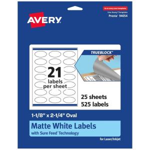 imageAvery TrueBlock Matte White Oval Labels Sure Feed Technology 118quot x 214quot 210 Matte White Labels PrinttoTheEdge LaserInkjet Printable Great for Packaging and Product Merchandising525 labels