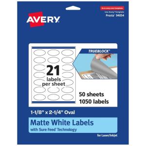 imageAvery TrueBlock Matte White Oval Labels Sure Feed Technology 118quot x 214quot 210 Matte White Labels PrinttoTheEdge LaserInkjet Printable Great for Packaging and Product Merchandising1 050 labels
