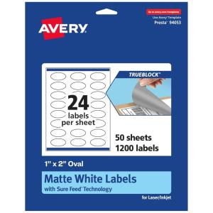 imageAvery TrueBlock Matte White Oval Labels Sure Feed Technology 1quot x 2quot 240 Matte White Labels PrinttoTheEdge LaserInkjet Printable Great for Packaging and Product Merchandising1 200 labels