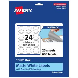 imageAvery TrueBlock Matte White Oval Labels Sure Feed Technology 1quot x 2quot 240 Matte White Labels PrinttoTheEdge LaserInkjet Printable Great for Packaging and Product Merchandising600 labels
