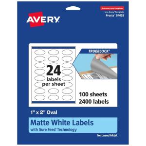 imageAvery TrueBlock Matte White Oval Labels Sure Feed Technology 1quot x 2quot 240 Matte White Labels PrinttoTheEdge LaserInkjet Printable Great for Packaging and Product Merchandising2 400 labels