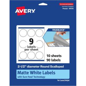 imageAvery TrueBlock Matte White Round Scalloped Labels Sure Feed Technology 25quot Diameter 90 Matte White Labels PrintToTheEdge LaserInkjet Printable Great for Packaging and Product Merchandising90 labels
