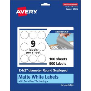 imageAvery TrueBlock Matte White Round Scalloped Labels Sure Feed Technology 25quot Diameter 90 Matte White Labels PrintToTheEdge LaserInkjet Printable Great for Packaging and Product Merchandising900 labels