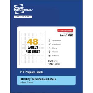 imageAvery UltraDuty GHS Labels Waterproof 1 X 1 White Square Labels 1200 Total Use with Laser Printers1 X 1