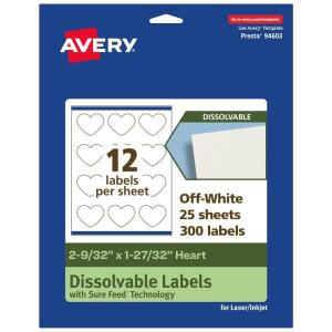 imageAvery Dissolvable Heart Labels Sure Feed Technology 2932quot x 12732quot Matte White PrinttoTheEdge LaserInkjet Printable 300 Labels Total300 labels