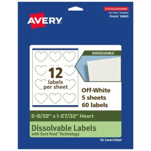 imageAvery Dissolvable Heart Labels Sure Feed Technology 2932quot x 12732quot Matte White PrinttoTheEdge LaserInkjet Printable 300 Labels Total60 labels